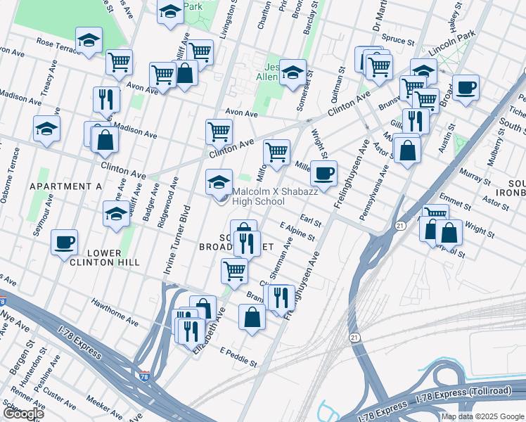 map of restaurants, bars, coffee shops, grocery stores, and more near 115 Elizabeth Avenue in Newark