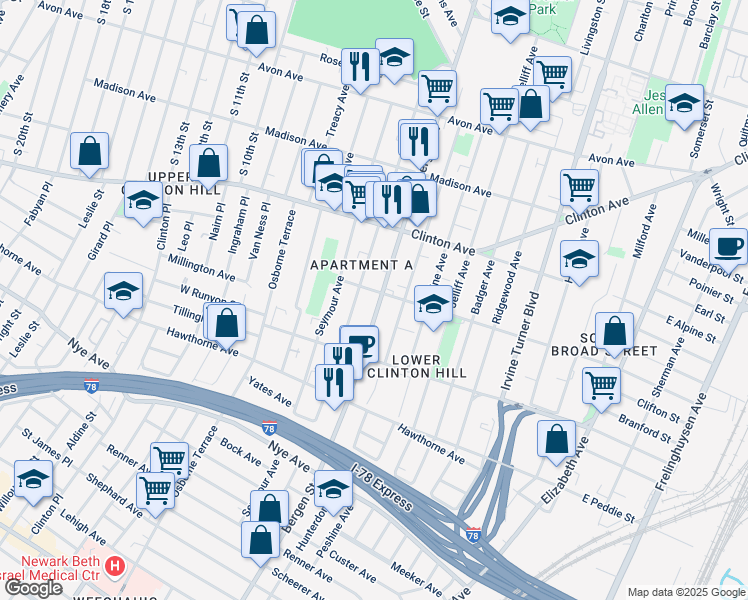 map of restaurants, bars, coffee shops, grocery stores, and more near 208 Chadwick Avenue in Newark
