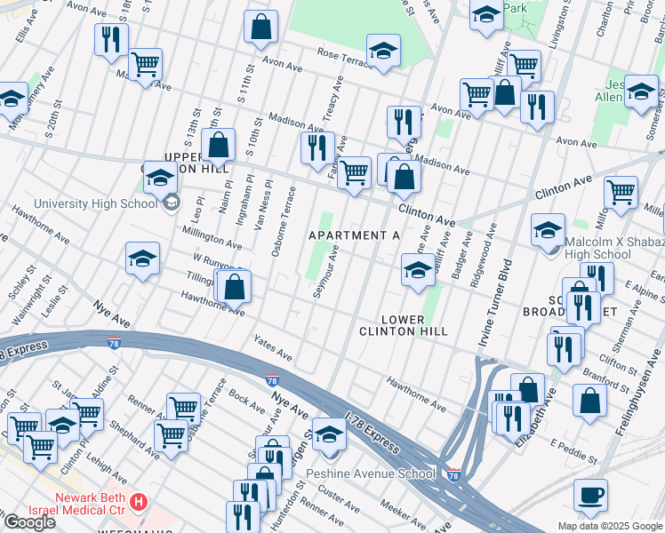 map of restaurants, bars, coffee shops, grocery stores, and more near 185 Seymour Avenue in Newark
