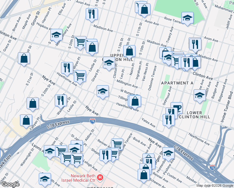 map of restaurants, bars, coffee shops, grocery stores, and more near 67 Tillinghast Street in Newark