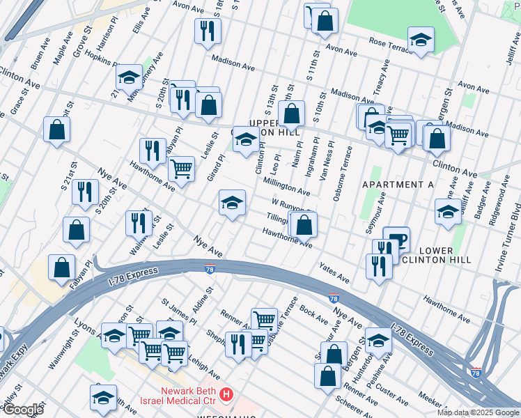 map of restaurants, bars, coffee shops, grocery stores, and more near in Newark