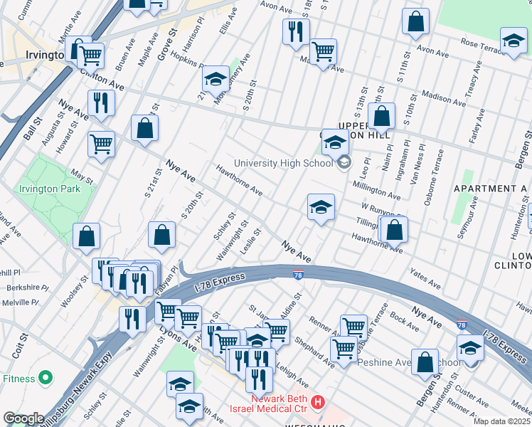 map of restaurants, bars, coffee shops, grocery stores, and more near 119 Leslie Street in Newark