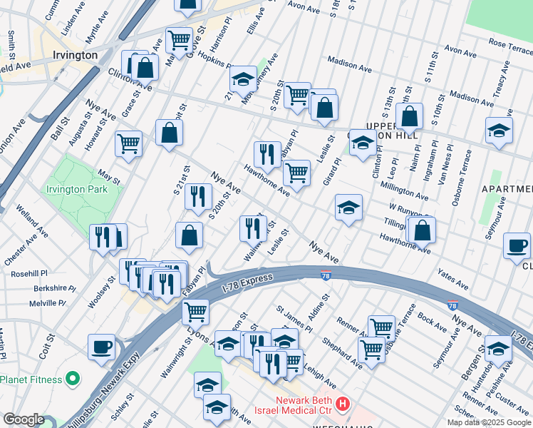 map of restaurants, bars, coffee shops, grocery stores, and more near 244 Nye Avenue in Newark