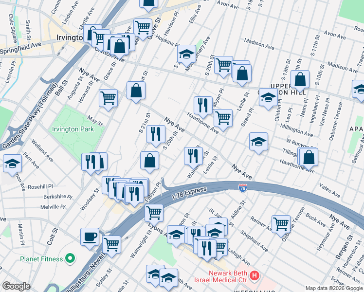 map of restaurants, bars, coffee shops, grocery stores, and more near 138 Fabyan Place in Newark