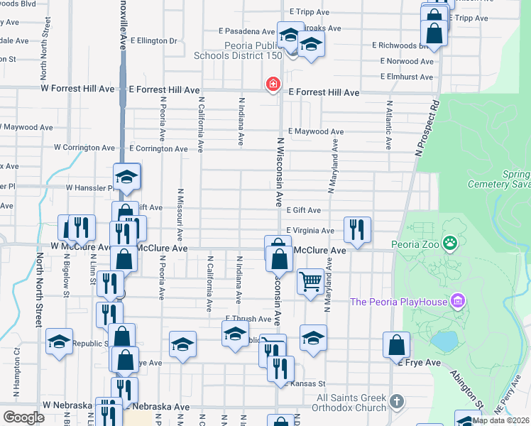 map of restaurants, bars, coffee shops, grocery stores, and more near 2611 North Wisconsin Avenue in Peoria