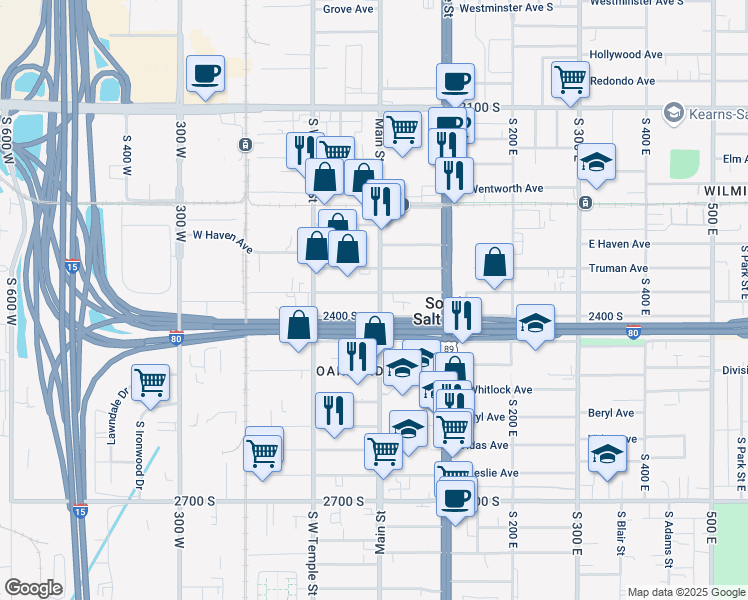 map of restaurants, bars, coffee shops, grocery stores, and more near 1 West Burton Avenue in South Salt Lake