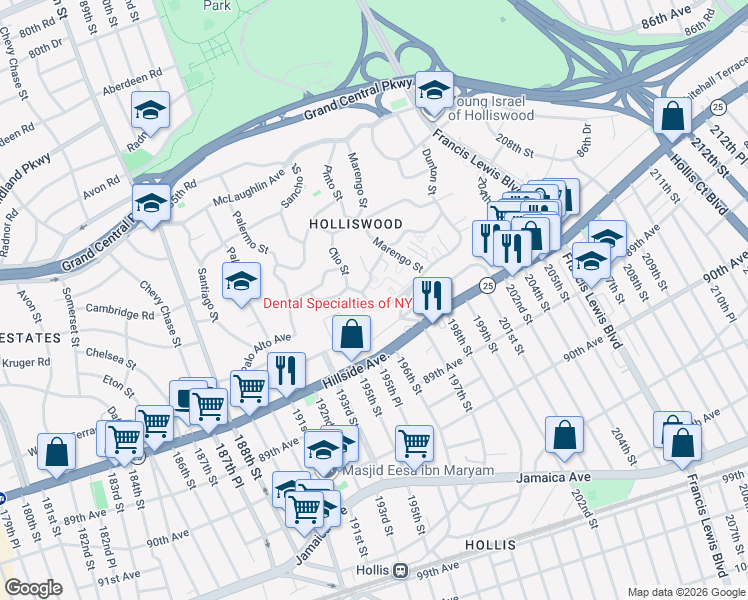 map of restaurants, bars, coffee shops, grocery stores, and more near 196-15 Dunton Avenue in Queens
