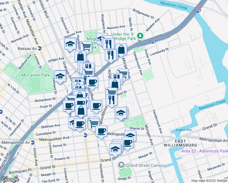 map of restaurants, bars, coffee shops, grocery stores, and more near 252 Richardson Street in Brooklyn