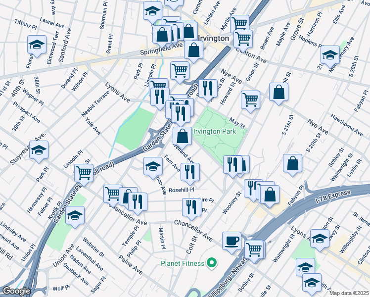map of restaurants, bars, coffee shops, grocery stores, and more near 15 Chester Avenue in Irvington