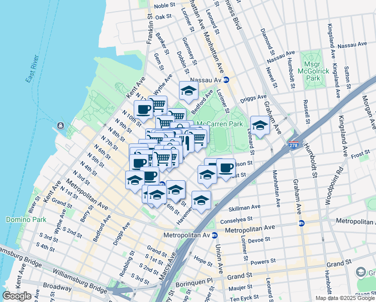 map of restaurants, bars, coffee shops, grocery stores, and more near 460 Driggs Avenue in Brooklyn