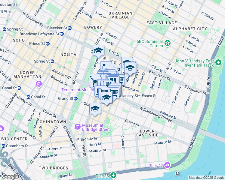 map of restaurants, bars, coffee shops, grocery stores, and more near 96 Delancey Street in New York