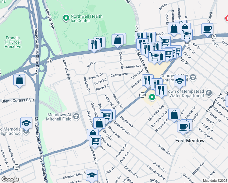 map of restaurants, bars, coffee shops, grocery stores, and more near 1759 Maurice Avenue in East Meadow