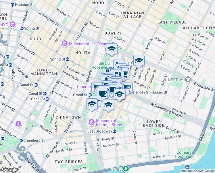map of restaurants, bars, coffee shops, grocery stores, and more near 117 Orchard Street in New York
