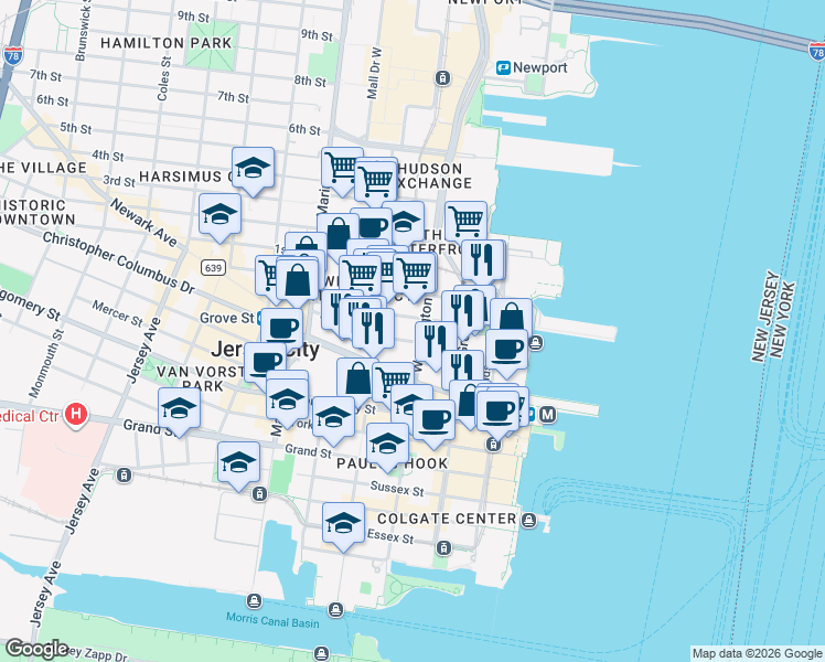 map of restaurants, bars, coffee shops, grocery stores, and more near 311 Washington Street in Jersey City