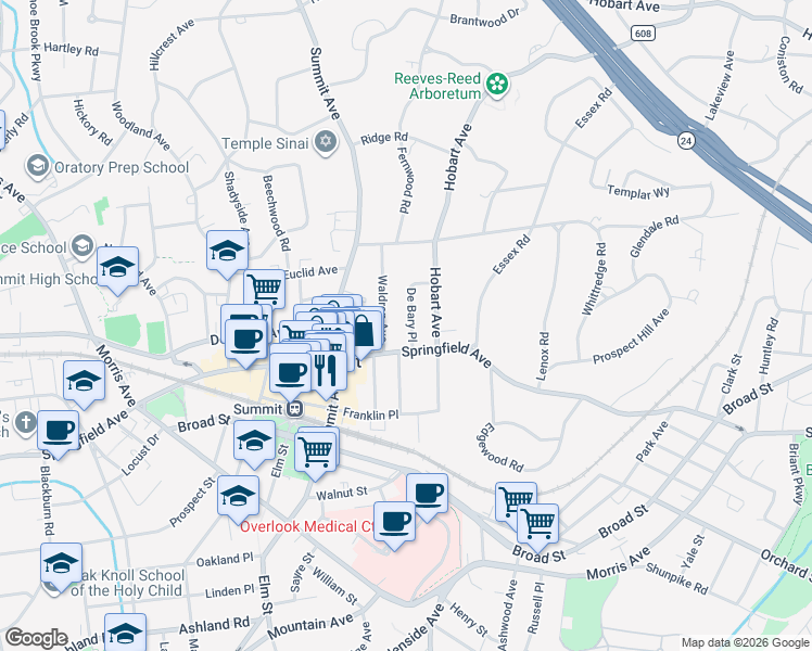 map of restaurants, bars, coffee shops, grocery stores, and more near 8 De Bary Place in Summit