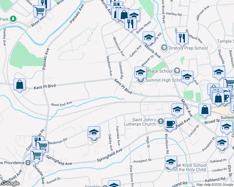 map of restaurants, bars, coffee shops, grocery stores, and more near 135 West End Avenue in Summit