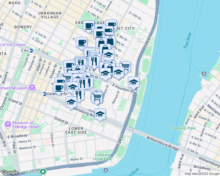 map of restaurants, bars, coffee shops, grocery stores, and more near 130 Columbia Street in New York