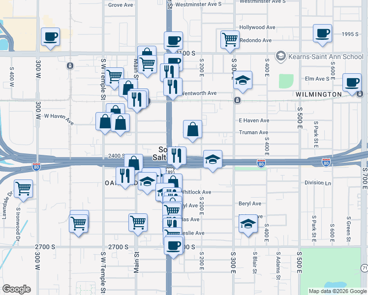 map of restaurants, bars, coffee shops, grocery stores, and more near 140 East Burton Avenue in South Salt Lake