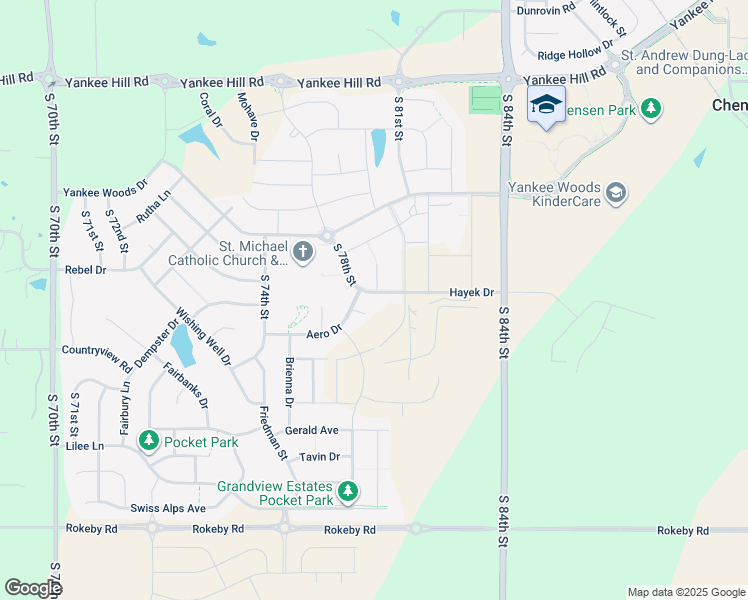 map of restaurants, bars, coffee shops, grocery stores, and more near 7833 Hayek Drive in Lincoln