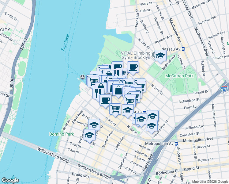 map of restaurants, bars, coffee shops, grocery stores, and more near 149 Wythe Avenue in Brooklyn