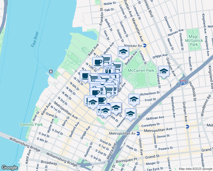 map of restaurants, bars, coffee shops, grocery stores, and more near 167 North 9th Street in Brooklyn