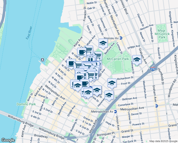 map of restaurants, bars, coffee shops, grocery stores, and more near 140 Bedford Avenue in Brooklyn