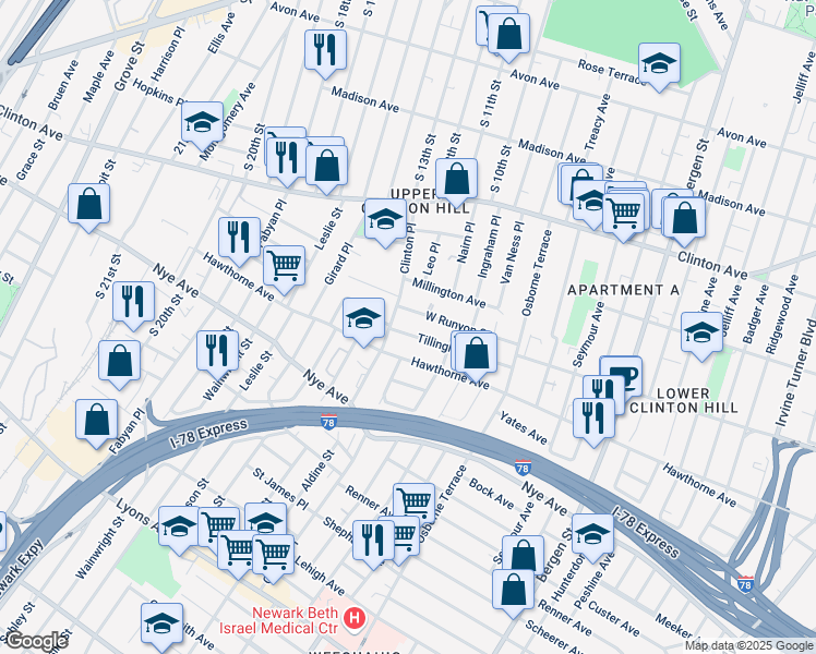 map of restaurants, bars, coffee shops, grocery stores, and more near 116 Clinton Place in Newark