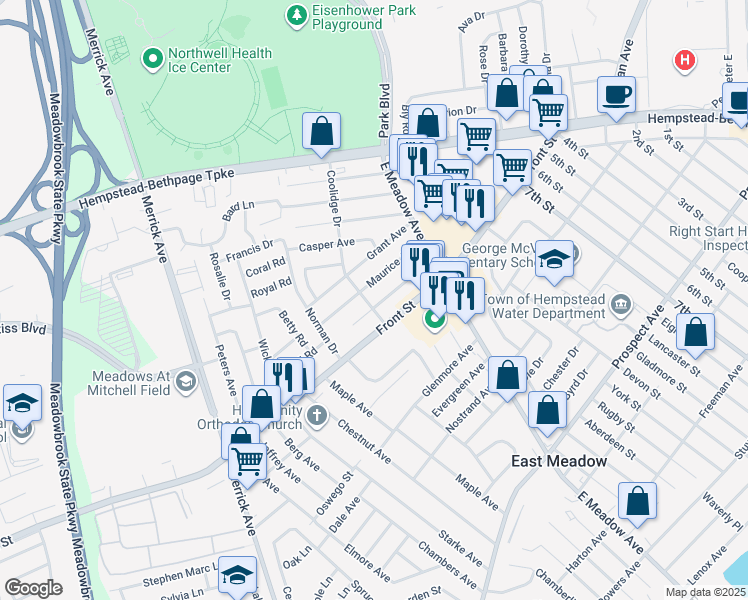 map of restaurants, bars, coffee shops, grocery stores, and more near 176 Coolidge Drive in East Meadow