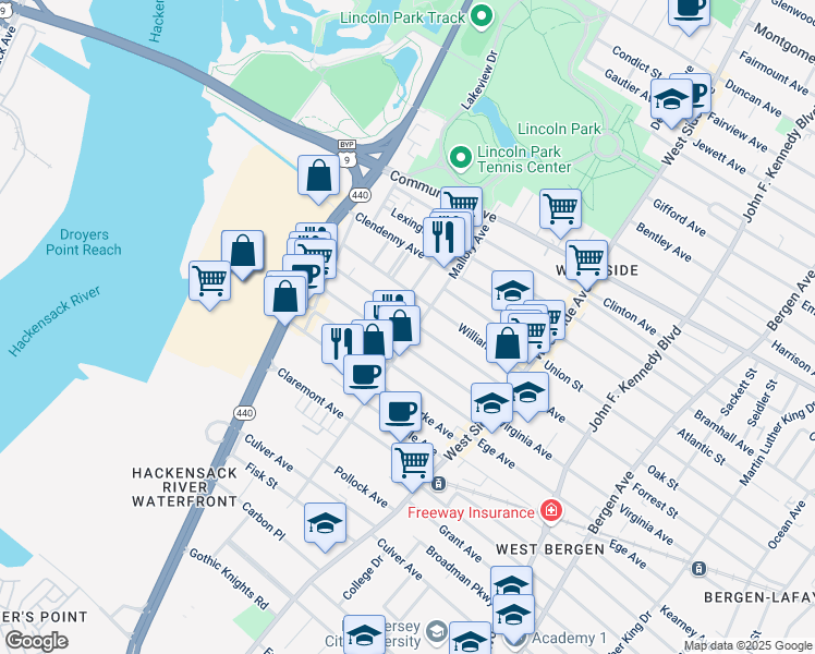 map of restaurants, bars, coffee shops, grocery stores, and more near 367 Virginia Avenue in Jersey City