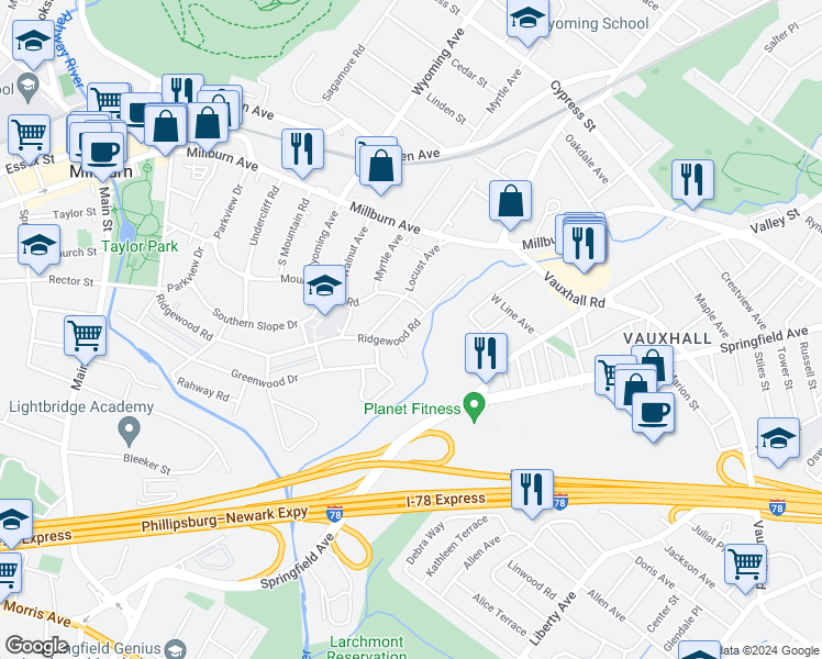 map of restaurants, bars, coffee shops, grocery stores, and more near 822 Ridgewood Road in Essex County