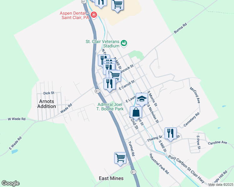 map of restaurants, bars, coffee shops, grocery stores, and more near 12 South 2nd Street in Saint Clair