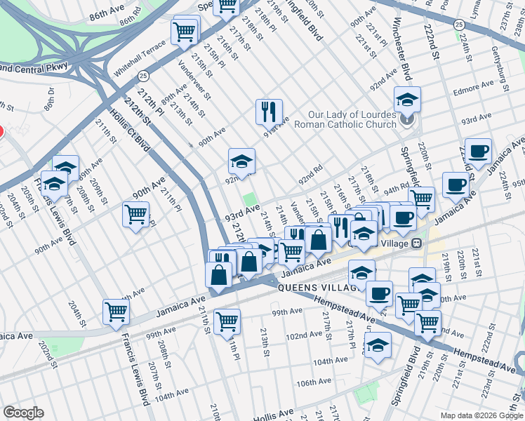 map of restaurants, bars, coffee shops, grocery stores, and more near 93-07 213th Street in Queens