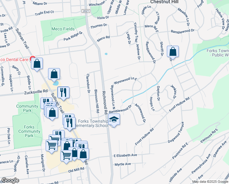 map of restaurants, bars, coffee shops, grocery stores, and more near 1801 Wynnwood Lane North in Easton