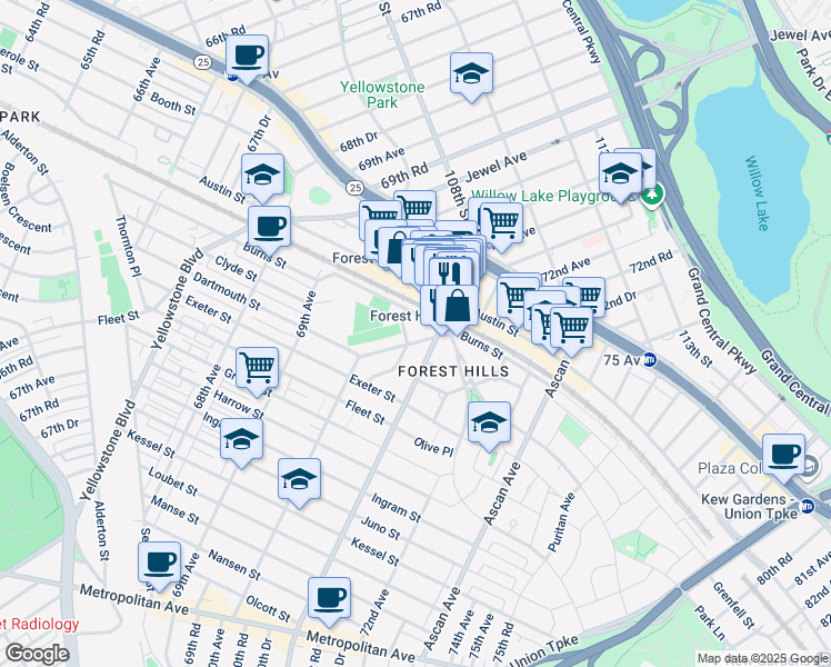 map of restaurants, bars, coffee shops, grocery stores, and more near 4 Dartmouth Street in Queens