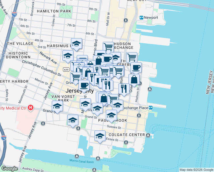map of restaurants, bars, coffee shops, grocery stores, and more near 321 Warren Street in Jersey City