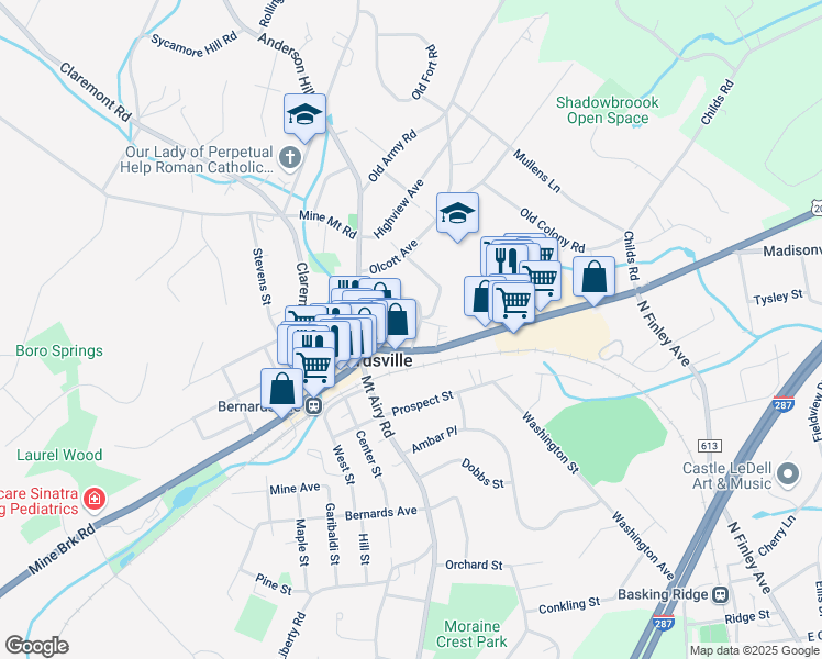 map of restaurants, bars, coffee shops, grocery stores, and more near 10 Church Street in Bernardsville