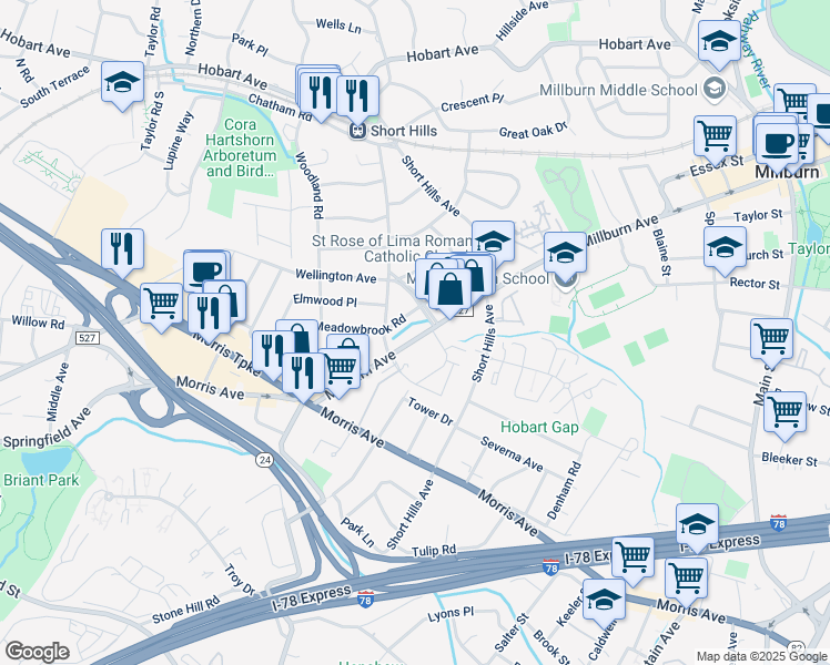 map of restaurants, bars, coffee shops, grocery stores, and more near 545 Millburn Avenue in Essex County