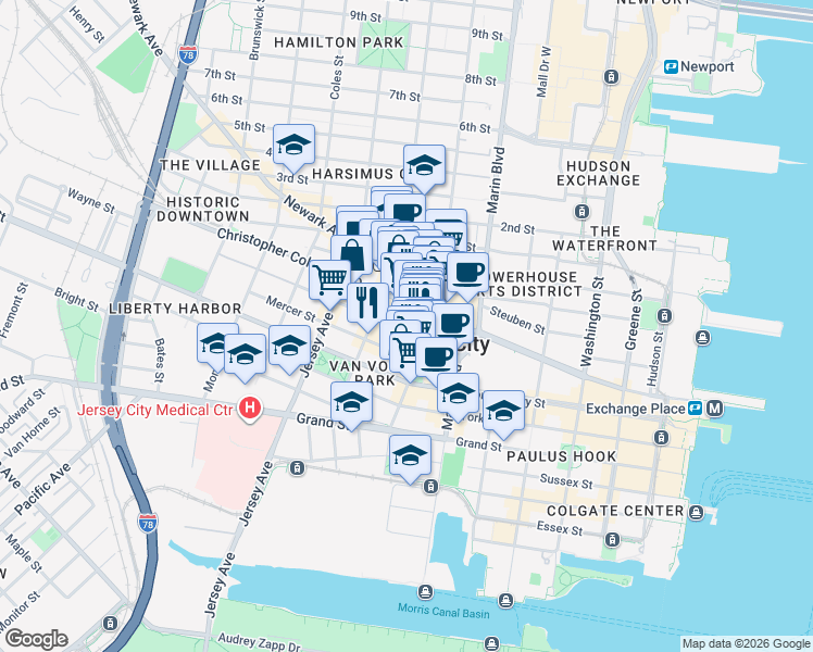map of restaurants, bars, coffee shops, grocery stores, and more near 46 Wayne Street in Jersey City