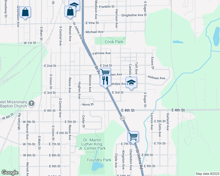 map of restaurants, bars, coffee shops, grocery stores, and more near 717 East 3rd Street in Lima