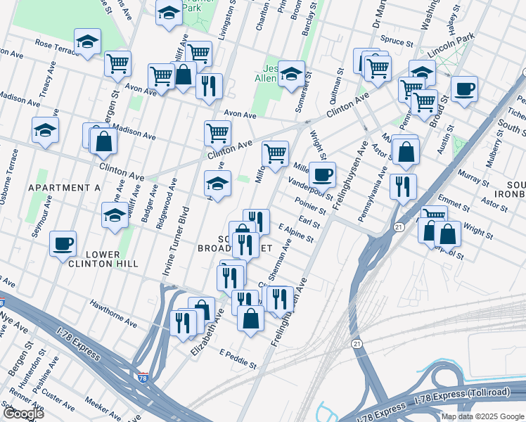 map of restaurants, bars, coffee shops, grocery stores, and more near 115 Elizabeth Avenue in Newark