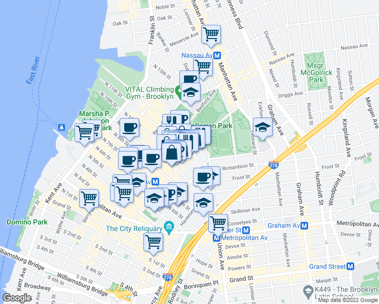 map of restaurants, bars, coffee shops, grocery stores, and more near Driggs Avenue & North 11th Street in Brooklyn