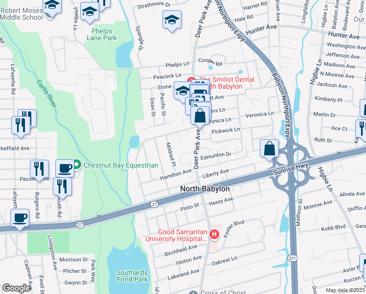 map of restaurants, bars, coffee shops, grocery stores, and more near 748 Deer Park Avenue in North Babylon