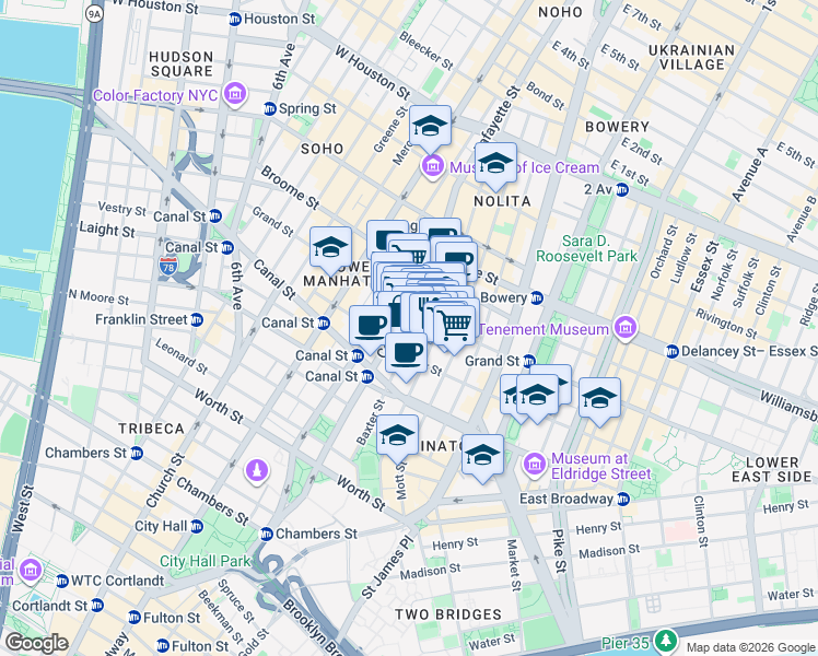 map of restaurants, bars, coffee shops, grocery stores, and more near 150 Baxter Street in New York