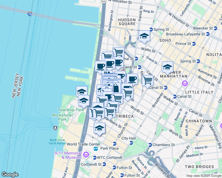 map of restaurants, bars, coffee shops, grocery stores, and more near 361 Greenwich Street in New York