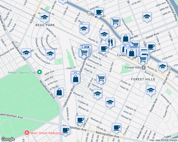map of restaurants, bars, coffee shops, grocery stores, and more near 83 Fleet Street in Queens