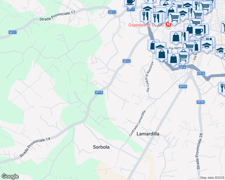 map of restaurants, bars, coffee shops, grocery stores, and more near Via Provinciale Martina Franca in Provincia di Brindisi