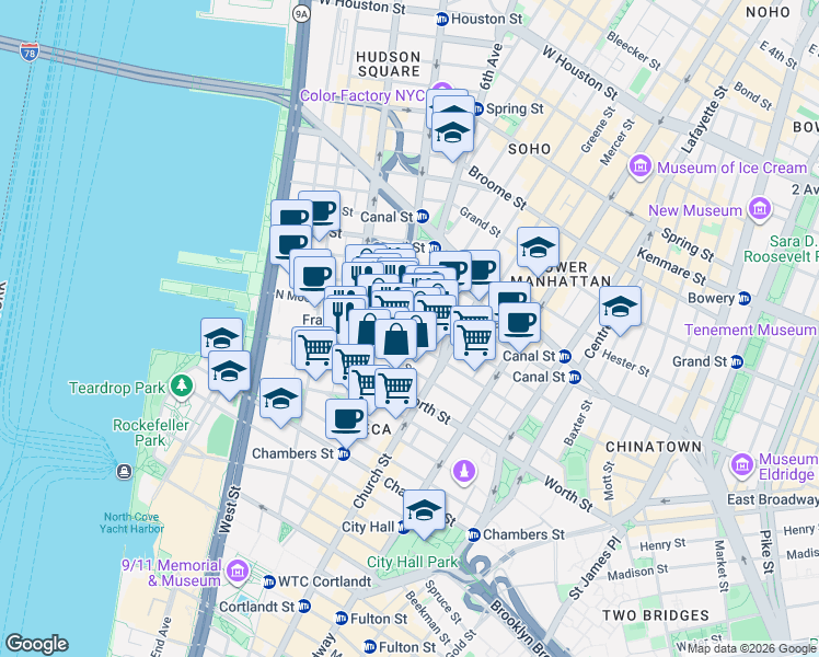 map of restaurants, bars, coffee shops, grocery stores, and more near 130 Franklin Street in New York