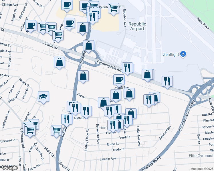 map of restaurants, bars, coffee shops, grocery stores, and more near 21 Banfi Plaza North in Farmingdale