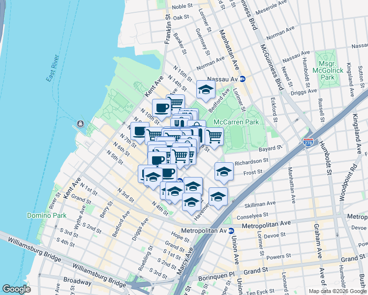 map of restaurants, bars, coffee shops, grocery stores, and more near 167 North 9th Street in Brooklyn