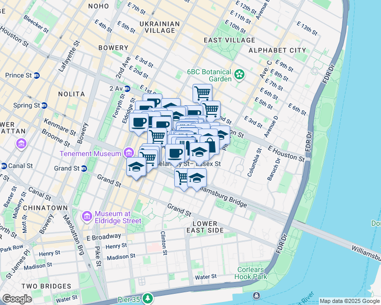 map of restaurants, bars, coffee shops, grocery stores, and more near 42 Clinton Street in New York